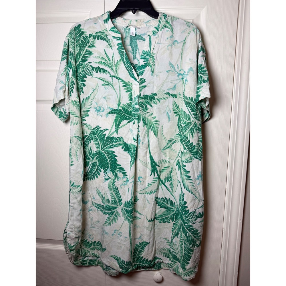 HM Tropical Fern Leaf Print‎ V-Neck Shift Dress Green White Viscose Large